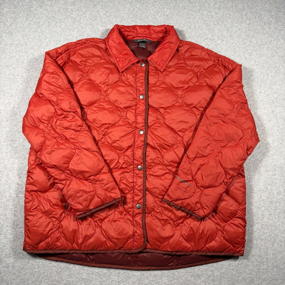 Eddie Bauer Puffer Jacket Womens XL Orange EB650 Down Quilted Snap Shirt Jacket